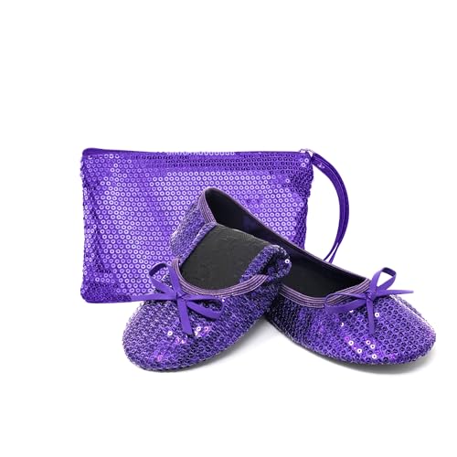 Silky Toes Foldable Sequin Shoes for Women | Comfortable Dressy Flats for Weddings, Parties & Events | Ballet Purse Slippers Purple