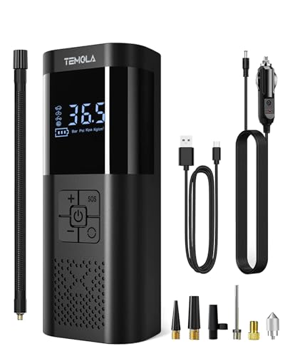 TEMOLA Tire Inflator Portable Air Compressor, Powerful Cordless Tire Inflator with LED Light, Mini Air Pump Car Accessories Essentials for Men, Tire Pump with Pressure Gauge for Car Bicycle (Black)