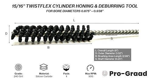 Image of 15 /16 inch 240 Silicon Carbide TwistFlex Cylinder Hone for 0.87 inch- 0.94 inch Bores | Flexible Cylinder Honing, Deburring, Cross-Hatch Finishing Tool for Mild Steel, Stainless, Cast Iron, Softer Ferrous Metals