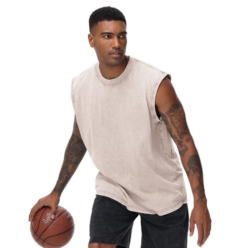 Herren Kurzarm Sommer Ärmelloses Shirt, Männer Fitness ärmellos Weste, Washed Sleeveless t-Shirt, Workout, Fitnessstudio, Baumwolle