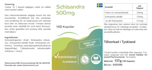 Vitamintrend Gélules de Schisandra 500 mg, 180 pièces, haute dose, Schisandra chinensis, complément alimentaire vegan sans stéarate de magnésium, fabriqué en Allemagne – vue 8