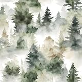 Foggy Forest Wallpaper Peel and Stick 17.4' x 393' Misty Woodland Green/Yellow Trees Contact Paper Waterproof Self-Adhesive Wall Paper for Bedroom Countertop Desk Cabinets Decor Renter Friendly