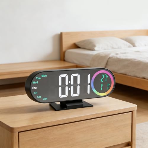 Reloj despertador digital espejo con brillo regulable de tres intensidades y pantalla LED 6