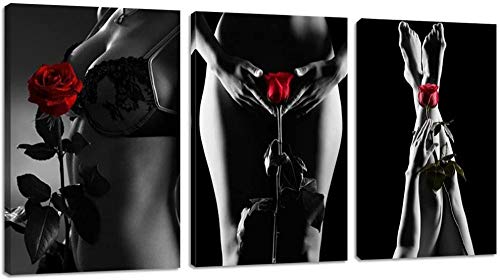 ZDFDC Arte de Pared de Mujer Sexy Mujer de Blanco y Negro Chica con Rosa roja Cuadro Pintura Impresión de Lienzo Obra de Arte para la decoración del dormitorio-40x65cmx3 sin Marco