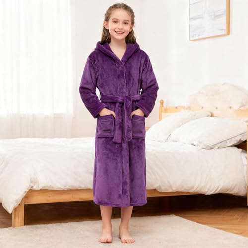 Image of Girls Fleece Hooded Robes Kids Warm Bath Robe for Girls Soft Fuzzy Bathrobe