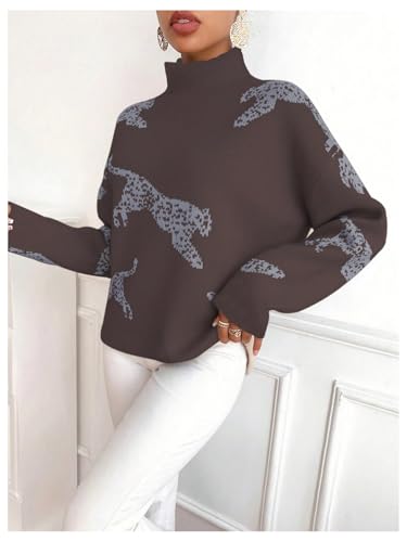 Image of WDIRARA Women's Leopard Tiger Print Sweater High Neck Long Sleeve Fuzzy Knitted Pullover Top