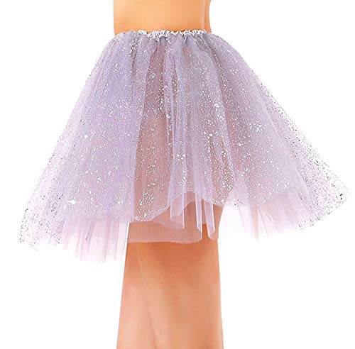 YoungLove Women's Classic 3 Layered Tulle Sparkling Sequin Tutu Skirt, Silver