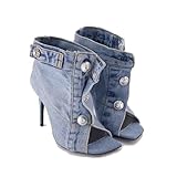 THESHY Women's Peep Toe Stiletto High Heel Ankle Denim Boots Metal Button Sandals Bootie Fashion Shoes for Women