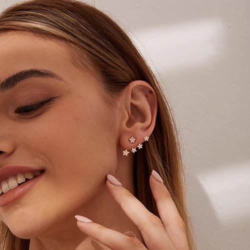 S925 Sterling Silver White CZ Star Jacket Earrings to Women, 14K Gold Plated Shiny Bling Cz Stars Cluster Stud Earrings Delicate Red CZ Stars Ear Crawlers Earring Christmas Birthday Wedding Jewelry Gift3