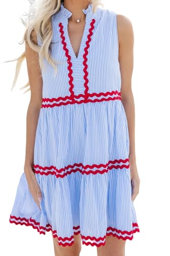 Kuraki Women's Cute Sleeveless Rickrack Tiered Striped Dress