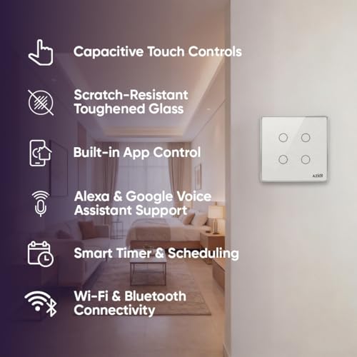 Image of AZIOT Smart Premium Toughened Glass Touch Switch Panel | Elevate 2 Module 4 Switch | WiFi + BLE | No Hub Required | Compatible with Alexa, Google Assistant & Siri | White
