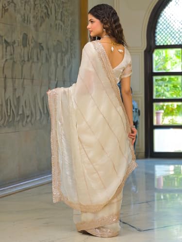 Image of Satrani Women's Shimmer Chiffon Scalloped Border Sequins Embroidery Saree with Unstitched Blouse Piece