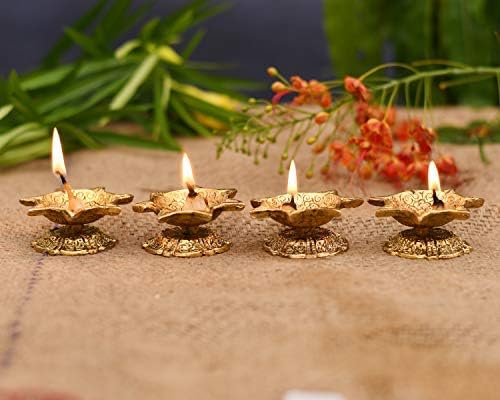 phareLamp Presents Diwali Decoration Home Temple Metal Diya Oil Lamp for Pooja, Standard, Golden -Set of 4#A184