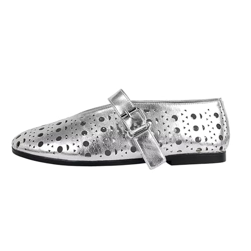 Agodor Ballerina Flats for Women,Hollow Out Round Toe Mary Jane Flats Buckle Strap Low Heel Ballet Flats Shoes for Women,Casual Comfy Daily Dress Shoes Silver US9