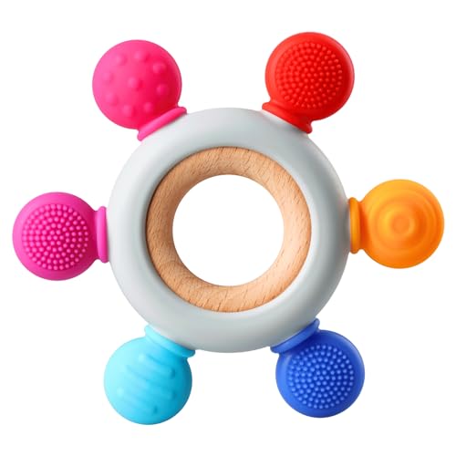 Image of Baby Teething Toys, Silicone Chewable Teethers with Wooden Ring for Soothing Babies Gums, Rudder Chewers Shower Gift for lnfants & Toddlers, 3+ Months (6 Directions, Rainbow)