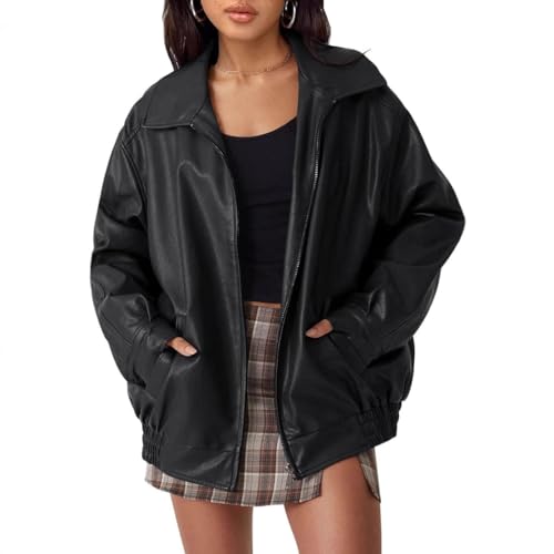 Leather Jacket Womens Oversized Boomber Motorcycle Coat Faux Leather Tops