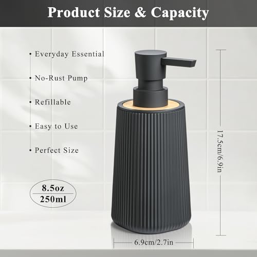 Image of Black Hand Soap Dispenser Set with Bamboo Decor and No Rust Pump for Bathroom and Kitchen Countertops Refillable Striped Matte Plastic 8.5 oz
