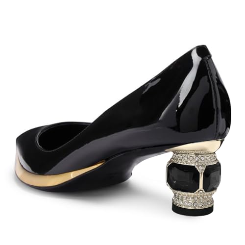 FSJ Women Bridal Pointed Toe Chunky Block Low Heel Crystal Pumps Gold Trim Slip on Comfort Wedding Dress Shoes Size 4-16 US4