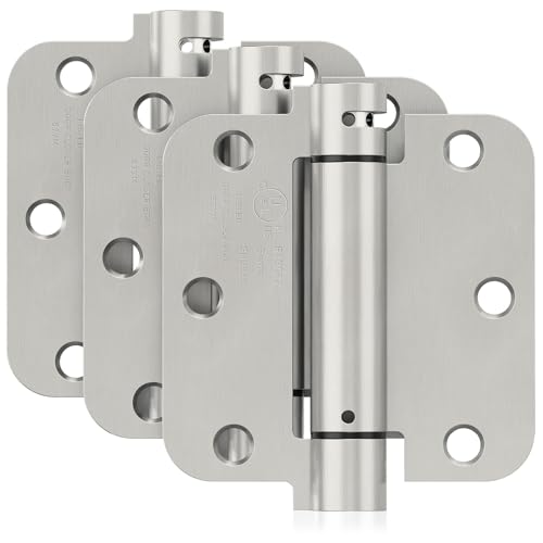 JOYNY 3 Pack Self Closing Door Hinges, 3.5 Inch Spring Loaded Door Hinges for Garage, Front, Back Door, Left/Right Hand, Adjustable Tension, 5/8'' Radius Corners, UL Listed, Brushed Nickel