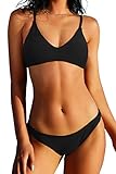 ZAFUL Women's Solid Spaghetti Strap Bralette Bikini Set Two Piece Swimsuit (1-Black, M)