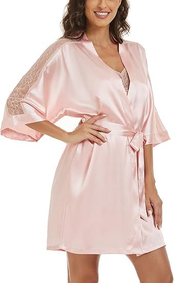 Image of Noty Women's- 2 Pc Hot & Sexy Nightwear Set- Satin - Sexy Lace Chemise with Kimono Robe