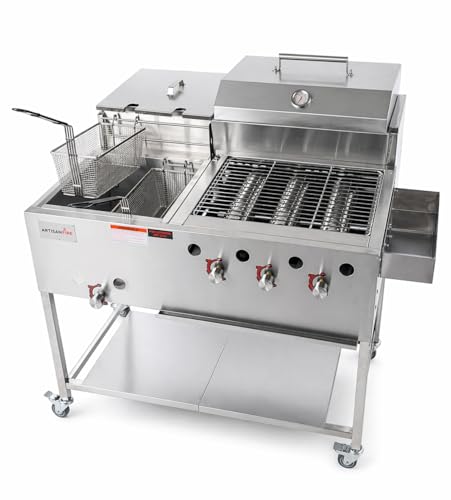 3 Burner Propane Gas Grill + 4 Gallon Deep Fryer Cart-60 000 BTU-Commercial Stainless Steel-Complete Set-Ideal for Outdoor Grilling & Frying-Patio BBQ Station-Home & Commercial