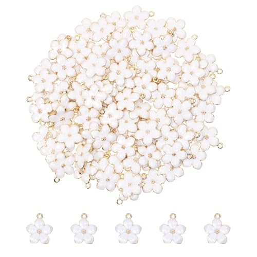 Tupalizy 100PCS Small Flower Enamel Charms Cherry Blossom Decor Gold Plated Pendant for Bracelets Necklaces Earrings Jewelry Making Findings Purse Keychains DIY Crafts Handmade Gifts Accessories 17x14mm White