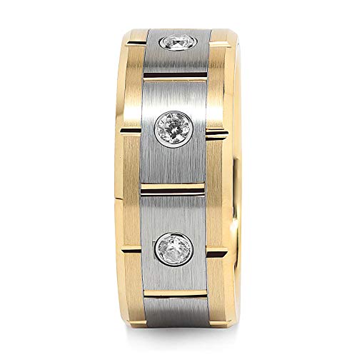 100S JEWELRY Tungsten Rings For Men Women 14k Gold & Silver Center Brushed CZ Inlaid Grooved Size 8-163