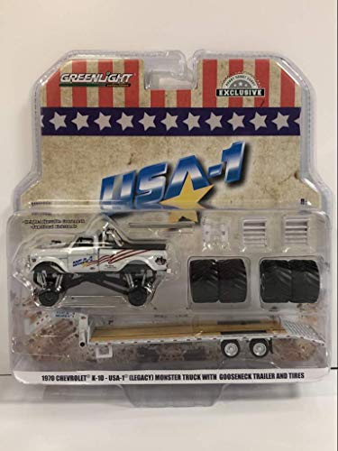 1970 Chevrolet K-10 USA-1" (Legacy) Monster Truck with Gooseneck Trailer w/Regular & Replacement 66" Tires 1/64 Diecast Model Car by Greenlight 30101