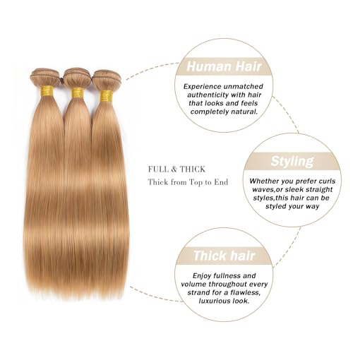 KODRHAR Honey Blonde Bundles Human Hair 24 26 28 Inch 3 Bundles Brazilian Remy Hair 100 Grams/Bundle 10A Grade Virgin Hairs Blonde Straight Bundle Weaves Extensions #27 — view 2