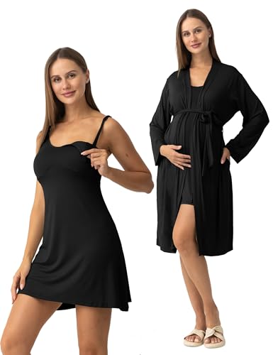 Image of SUNNYBUY Women's Nursing Nightgown Maternity Robe Set, 3 in 1 Labor Delivery Breastfeeding Dress Postpartum Sleepwear