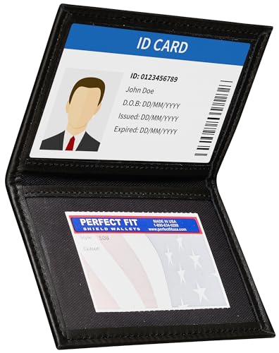 Perfect Fit Shield Wallets Slim Dress Leather 2 ID Windows Wallet Bifold License Holder Dual Double I.D. Case Card Permit For Larger Cards Minimalist Wallet (Black)