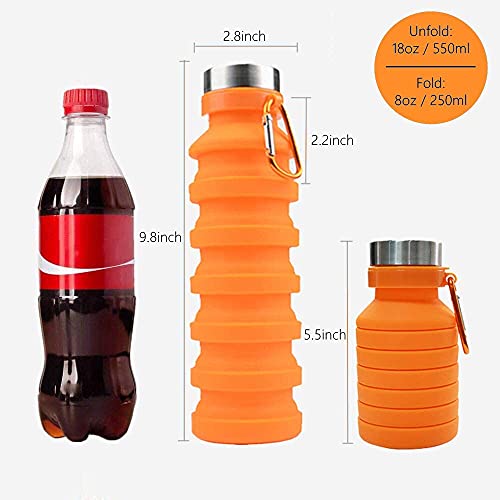 Image of we3 Collapsible Water Bottle, 550ml Reusable Silicone Light Water Bottles for Travel Outdoor Portable Leakproof Drinking Bottles with Carabiner (Orange, Pack of 2)