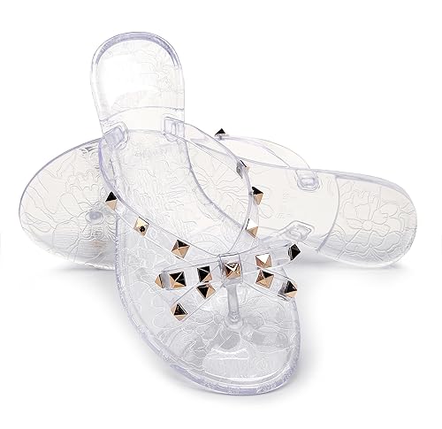 Image of Studded Jelly Shoes for Womens Bow Flip Flops Jellies Sandals Flat Black Summer Beach Thong with Rivets Strappy Slides Slip On