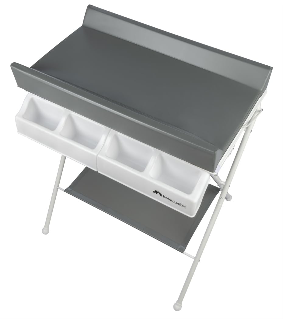 Bebeconfort Bellis, Unidad de baño y cambiador 2 en 1, Módulo de baño y cambiador plegable para bebé, Plegable y fácil de almacenar, Múltiples compartimentos de almacenamiento, Mineral Gray