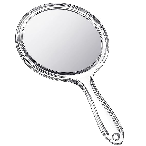 Transparent Hand Held Mirror Glass 2 Way(Magnifying & Regular) Handle Mirror for Make Up and Grooming,5 inch Dia Display, Round, Hand Mirror, Transparent-image-38