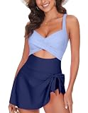 MFAVIP One Piece Swimsuit Women Tummy Control Swim Dress Sexy Criss Cross Tie Back Bathing Suit Blue