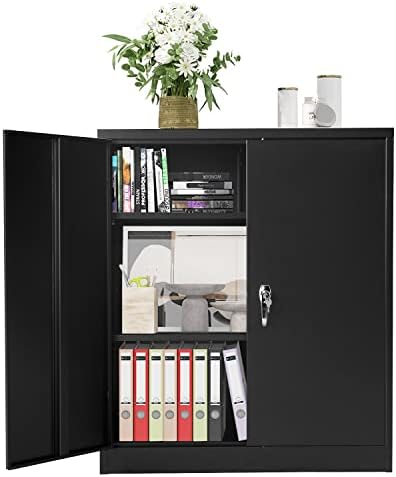 Greenvelly Metal Storage Cabinet, 42”Locking Storage Cabinet with Doors and Shelves, Black Lockable Storage Cabinets for Office, Utility Locker Cabinet, Steel Garage Cabinet with 2 Keys for Home