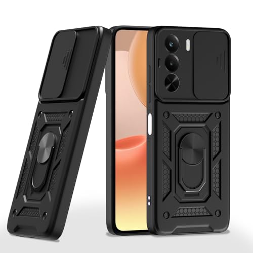 Image of Pikkme Back Cover for Realme P4x 5G | 360 Protection Case | Sliding Camera Shield Cover & Ring Holder Stand D10 Tough Armor Bumper Case (Black)