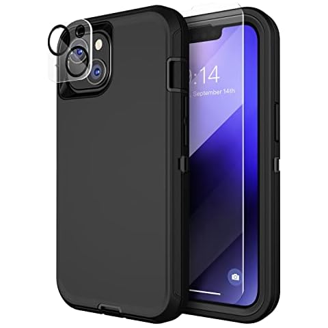 MXX Heavy Duty Made for iPhone 14 Case with Tempered Glass Screen, Camera Lens Protector 3-Layer Full Body Protection Shockproof Dustproof Cover for 14 Phone Case 6.1" - (Black) Cover