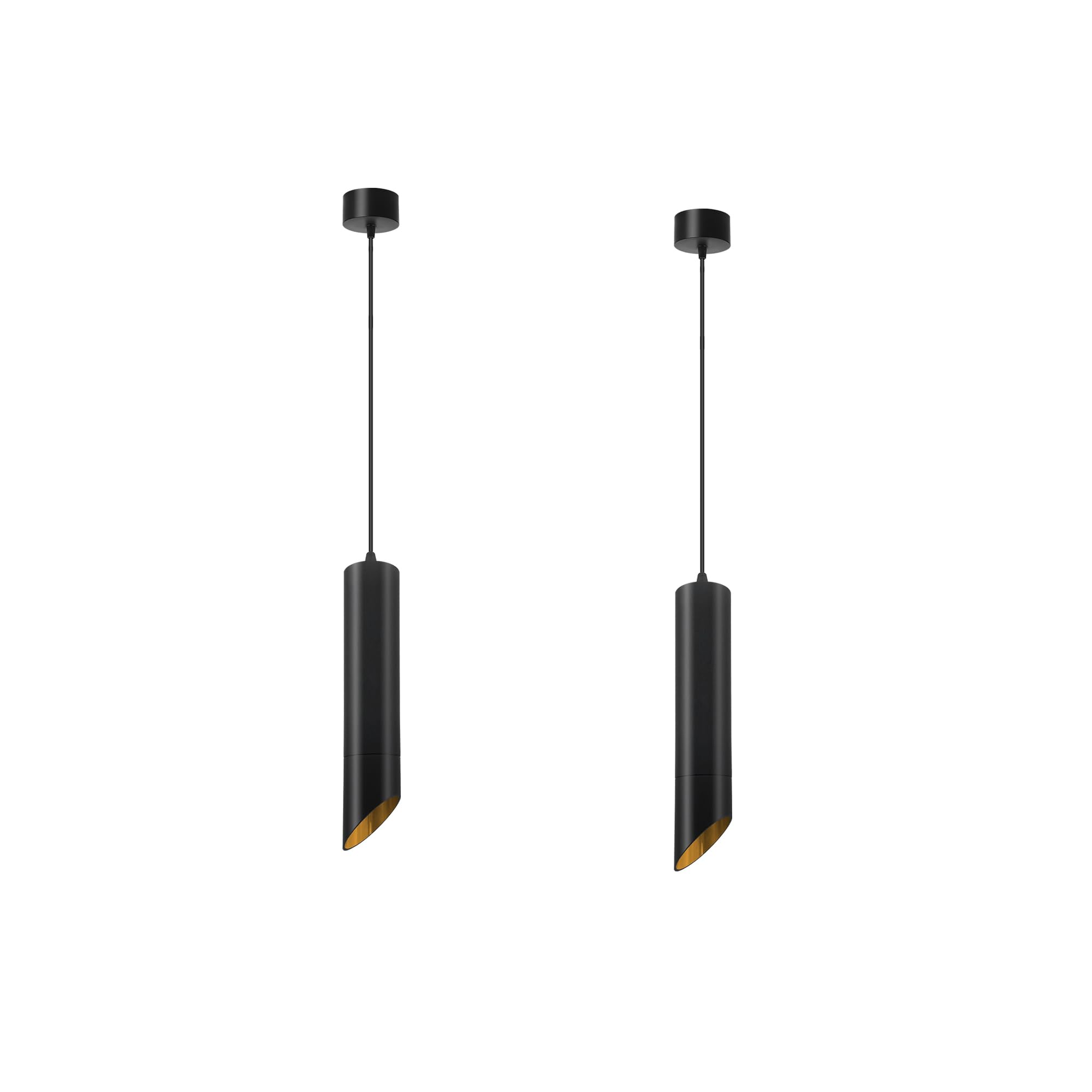 Modern Black Pendant Ceiling Light, Adjustable Hanging Lamp with Gold Interior, 6cm Diameter Cylinder Shade, 40cm Height, Max Drop 95cm, Minimalist Lighting for Kitchen Island, Dining Room & Bar