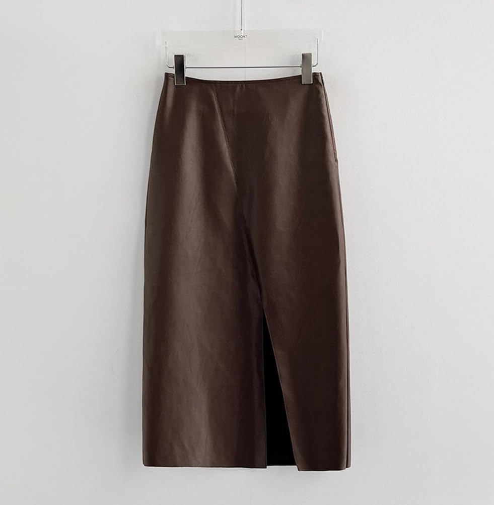 Elegancka damska spódnica midi z PU skóry, dopasowana, z rozcięciem, z wysokim stanem, casualowa, seksowna, biznesowa do biura