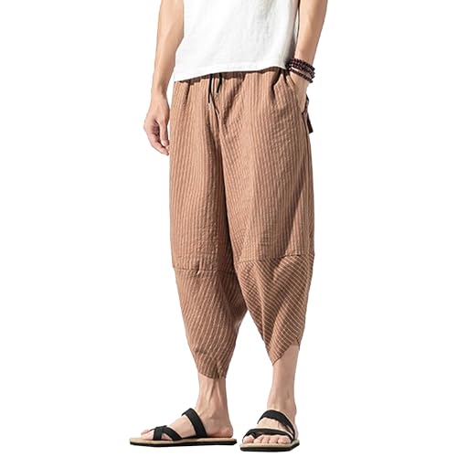 Men's Harem Pants Capri Wide Leg Plus Size Linen Pants Casual Loose Fit Summer Beach pPants with Pockets