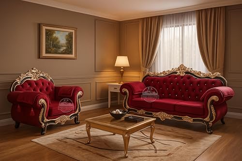 Image of Royal Carved Wooden Sofa Set | 3+1+1 Seater | Antique with Button Tufted Velvet Upholstery | Victorian Style Living Room Furniture Tufted Sofa Set Grey 3-Piece (Design 14)