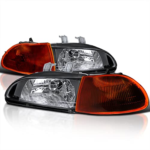 Spec-D Tuning Jdm Black Headlights + Amber Corner for 1992-1995 Honda Civic 4Dr Left + Right Pair