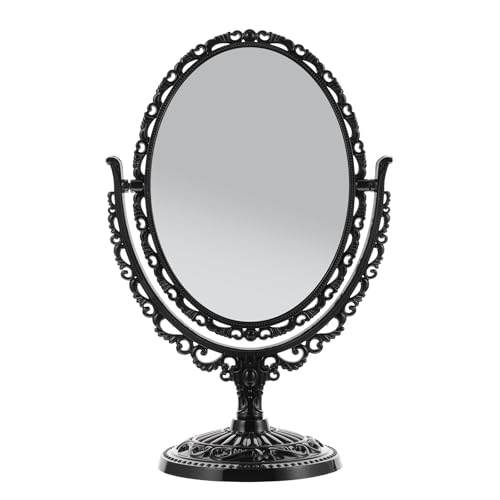 OSOLADY Espejo de Maquillaje de Escritorio Ovalado Vintage Doble Cara Giratorio Grande Negro para Tocador y Cosmético Espejo de Pie Ajustable sin Distorsión Adecuado para Aplicación
