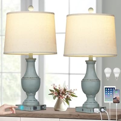 Farmhouse Table Lamps Set of 2, Rustic Touch Control Bedside Lamps with 2 USB Ports & AC Outlet, Vintage 3-Way Dimmable Nightstand Lamp Linen Fabric Shade for Living Room Bedroom End Table Decor