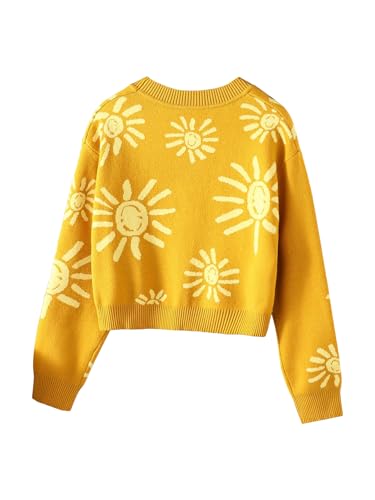 Girl's Button Down Long Sleeve Cardigan Sweater Cute Sun Print V Neck Knit Outerwear2