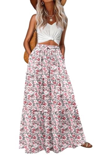 Image of Lepunuo Womens Casual Boho High Waisted Flowy Maxi Skirts Tiered Floral Long Skirts with Pockets for Summer Beach Vacation