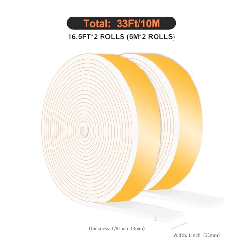 Image of Weather Stripping,High Density CR,Strong Adhesive,1 in x 1 /8 in x 33Ft | Weather Stripping Door Seal Stripping,Lightproof, Soundproof Foam,Door Seal Strip for Door,Window Frame,Sliding Door,White